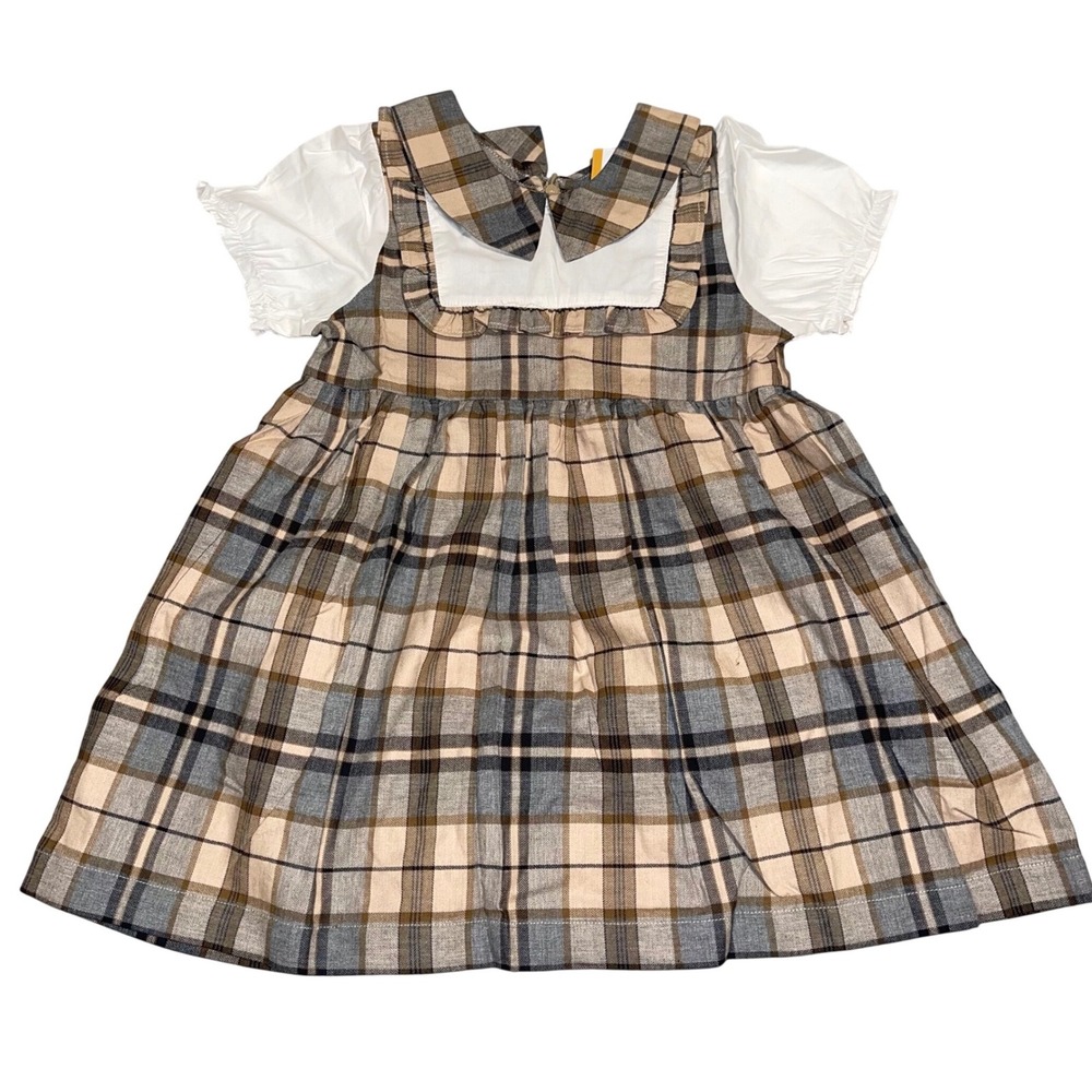 Onea for Kids Plaid Vintage Tartan Dress White Puff Sleeve Peter Pan‎ Collar 3T